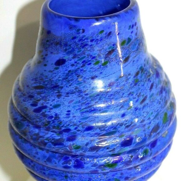 Vintage Hand Blown Blue Fused Glass Vase Ribbed Sides - Picture 2 of 5